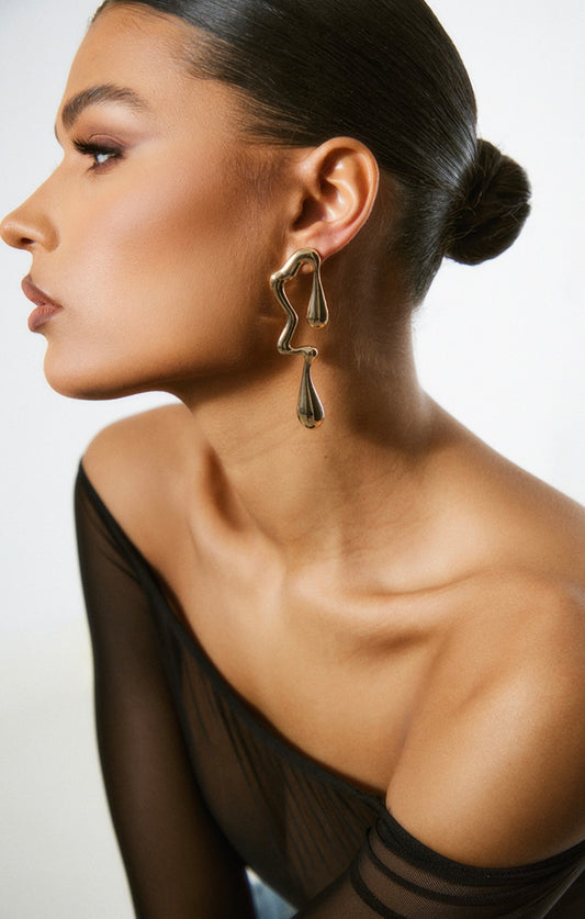 Gold Abstract Curved Drop Statement Earrings