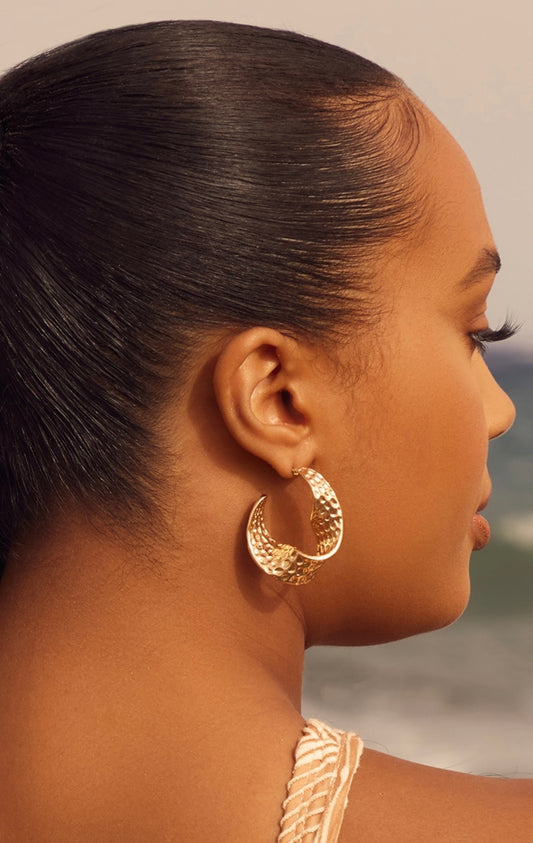 Gold Textured Hammered Twist Hoop Earrings