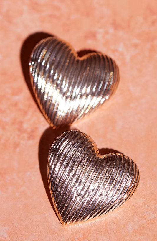 Gold Ribbed Heart Lightweight Earring Studs