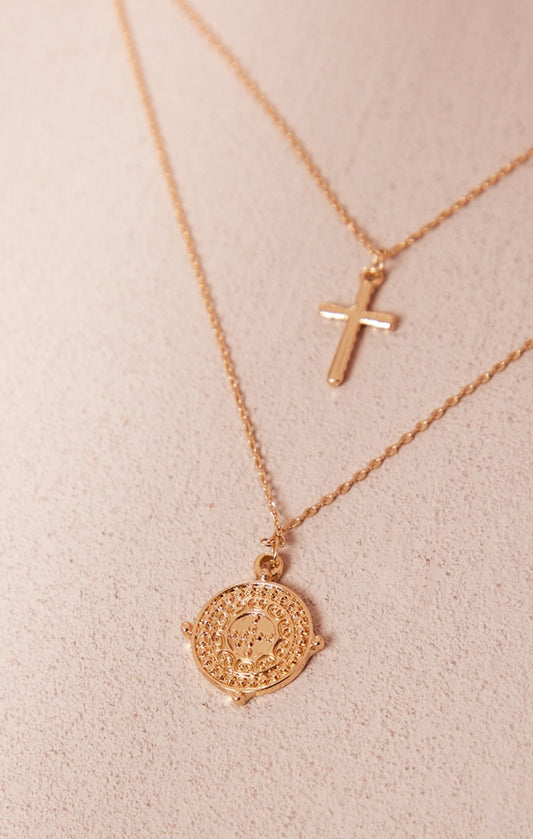 Gold Dainty Cross & Compass Charm Necklace