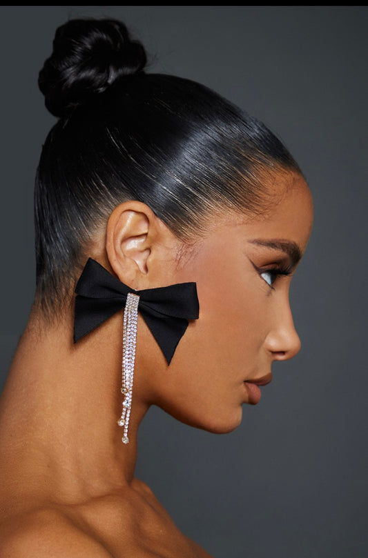 Black Bow Diamanté Drop Statement Earrings